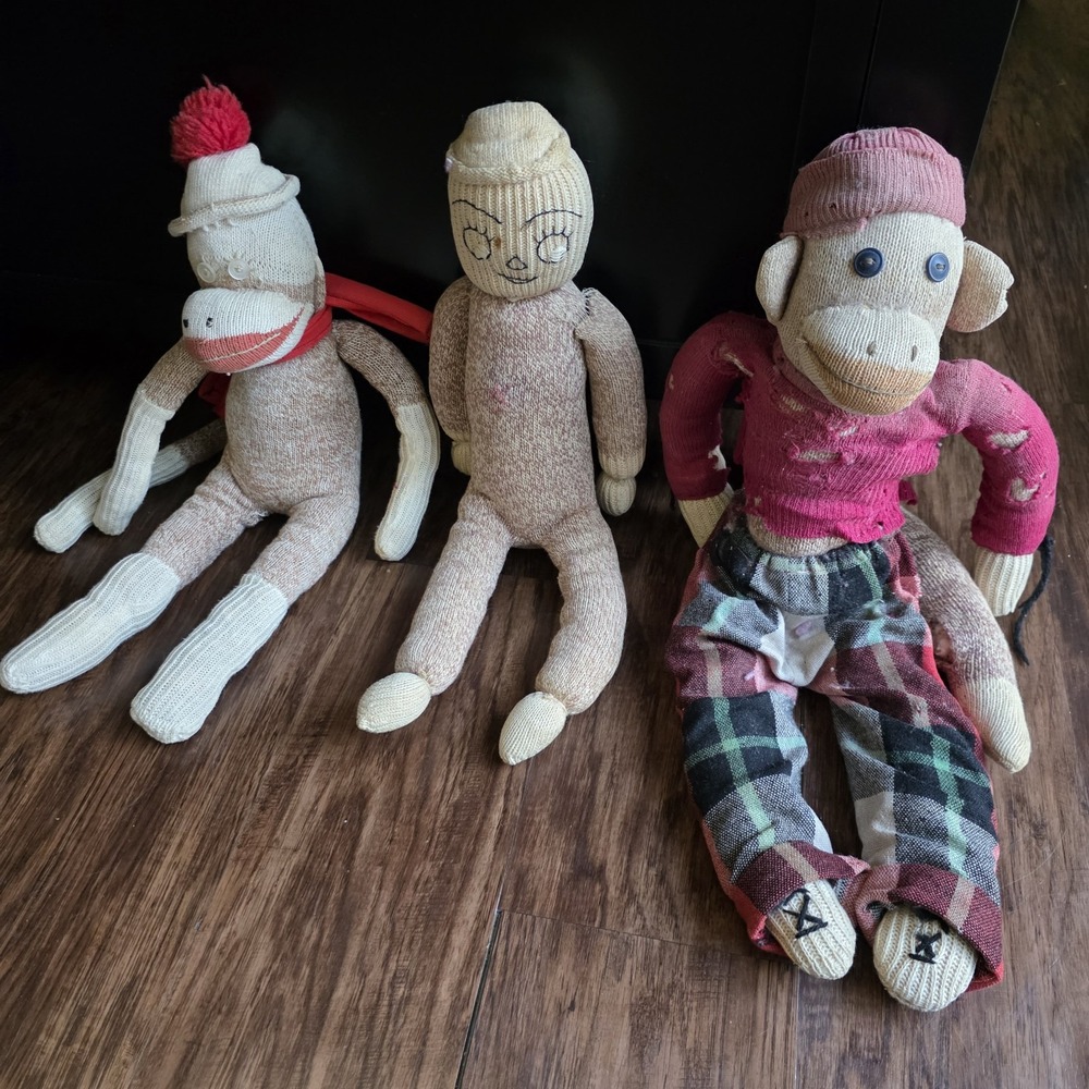 Vintage Sock Monkey Lot‎ 1950s-70s Handmade Dolls Rockford Red Heel As Is
